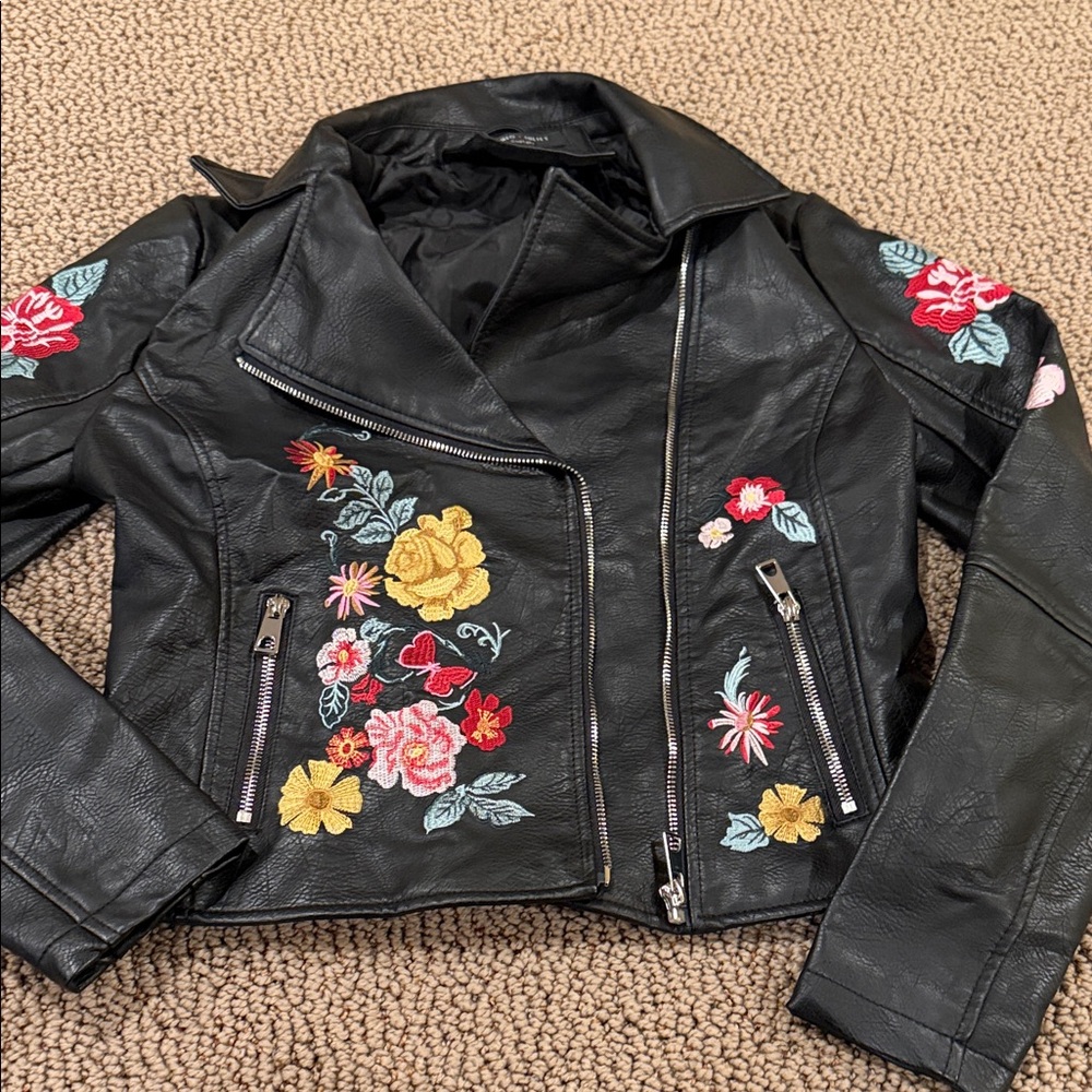 Romeo & Juliet Couture Black faux leather Jacket with Floral Embroidery